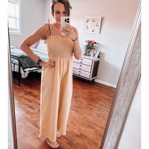 she + sky yellow smocked strapless wide leg jumpsuit - Picture 2 of 5